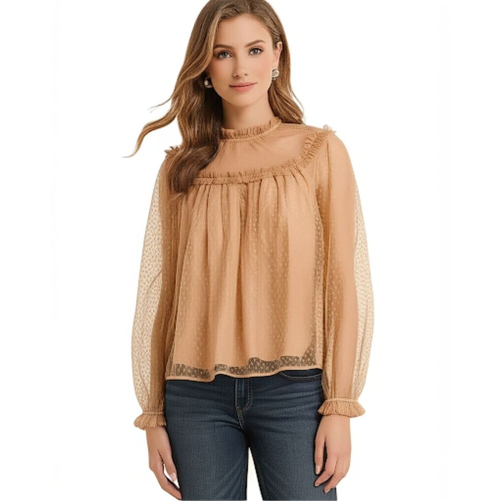 NWT J. Crew Beige Ruffle-Trim Long Sleeve Blouse in Dot Tulle Size Medium